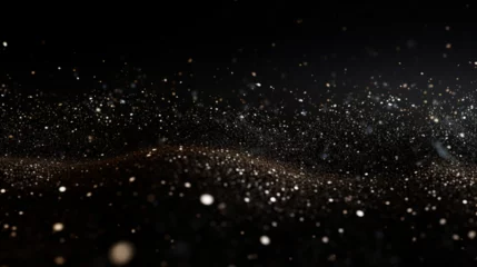 Foto op Plexiglas Particules scintillantes et brillantes volant sur fond sombre, noir. Lumière orangée, paillettes dorées et flou. Fond pour bannière, création graphique. © FlyStun