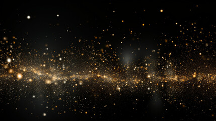 Particules scintillantes et brillantes volant sur fond sombre, noir. Lumière orangée, paillettes dorées et flou. Fond pour bannière, création graphique.