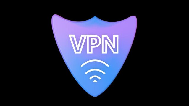 3D animation of a blue VPN icon on a black background. The concept of safe Internet use and confidentiality of personal data.