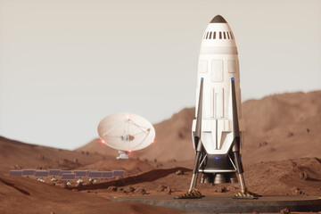 Space rocket on the surface of Mars. Colonization of Mars, Martian surface and base, building a colony on Mars. Conquering new horizons in space, thermoforming of Mars. 3D image, 3D illustration - obrazy, fototapety, plakaty