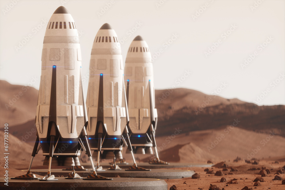 Wall mural space rocket on the surface of mars. colonization of mars, martian surface and base, building a colo