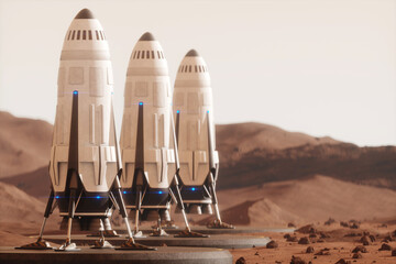 Space rocket on the surface of Mars. Colonization of Mars, Martian surface and base, building a colony on Mars. Conquering new horizons in space, thermoforming of Mars. 3D image, 3D illustration