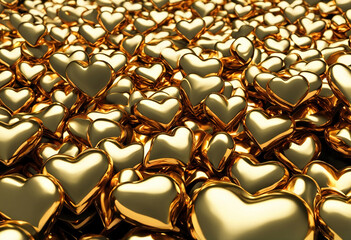 Background of several abstract flying shiny gold hearts 3d