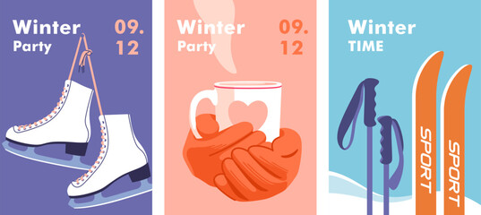 Winter time. Concept of vacation, party and travel. Skis and poles in the snow. Female hands holding a cup of coffee or tea. Pair of white Ice skates. Vector illustration. - obrazy, fototapety, plakaty