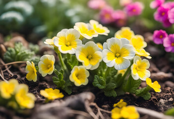Easter concept. Primula primrose with yellow flowers in a flower bed in spring time. Inspirational natural floral spring or summer blooming garden or park. Soft focus