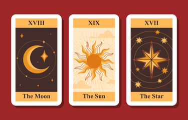 Tarot cards set. Crescent and sun with stars. Mystic and esotericism, religion. Prediction of future. Postcards in bohemian style. Cartoon flat vector collection isolated on red background