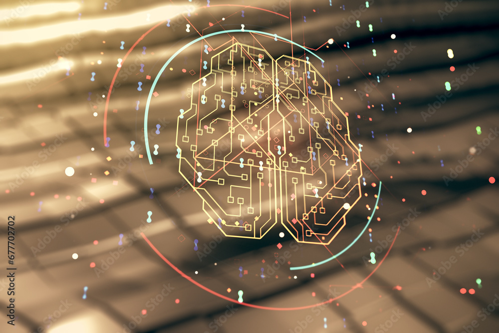 Aufkleber double exposure of creative artificial intelligence interface on blurry metal background. neural net