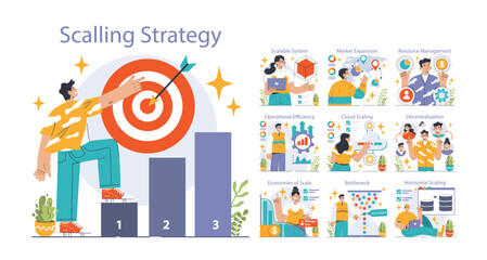 Scaling Strategy concept. Insightful visualization of business growth tactics. Targets efficiency, market reach, and decentralized operations. Flat vector illustration.