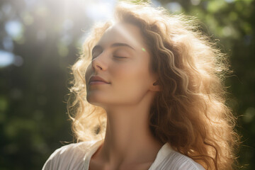Fototapeta premium Generative AI picture portrait of yoga person enjoying connection with nature meditating outdoors early morning