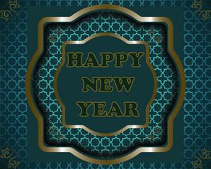 Happy new year with Arabic background pattern and golden green gradients.