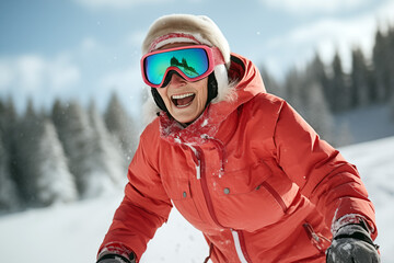 A smiling old woman on the ski slopes in a winter sunny day. - obrazy, fototapety, plakaty