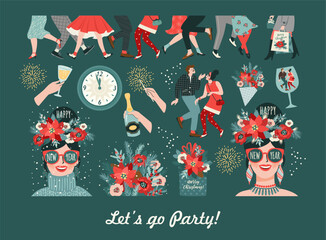 Set of Christmas and Happy New Year isolated illustrations. Clipart. Trendy retro style. Vector design
