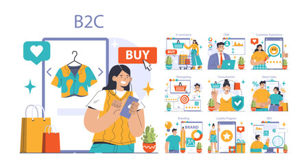 B2C set. Digital shopping journey from browsing to purchase. E-commerce exploration, engaging CRM, memorable customer experience. Loyalty rewards, effective SEO strategies. Flat vector illustration