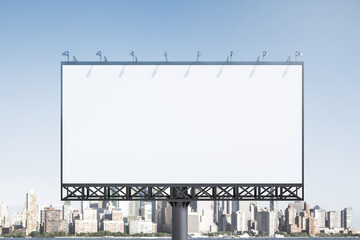 Blank white horizontal billboard on cityscape background at daytime, front view. Mockup,...