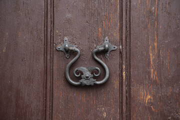 Ancient wooden door with decorative knocker