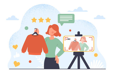 Video blogger with clothes. Woman with red sweater behind camera. Popular personality create interesting content for social networks and videohostings. Cartoon flat vector illustration