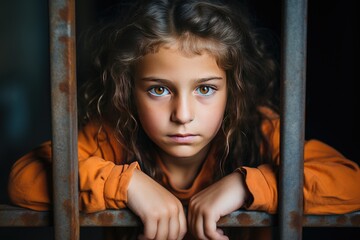 Beautiful girl is looking at the camera from behind the prison bars. Children of immigrants at the detention sites. Concept of children abuse. - obrazy, fototapety, plakaty