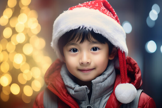 Adorable small child Christmas lover play new year fair market Generative AI technology picture