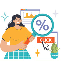 Expert marketer examines Click Through Rate metrics on a digital dashboard. Highlighting CTR improvements, data-driven strategies. Engaging user interactions and web performance. vector illustration