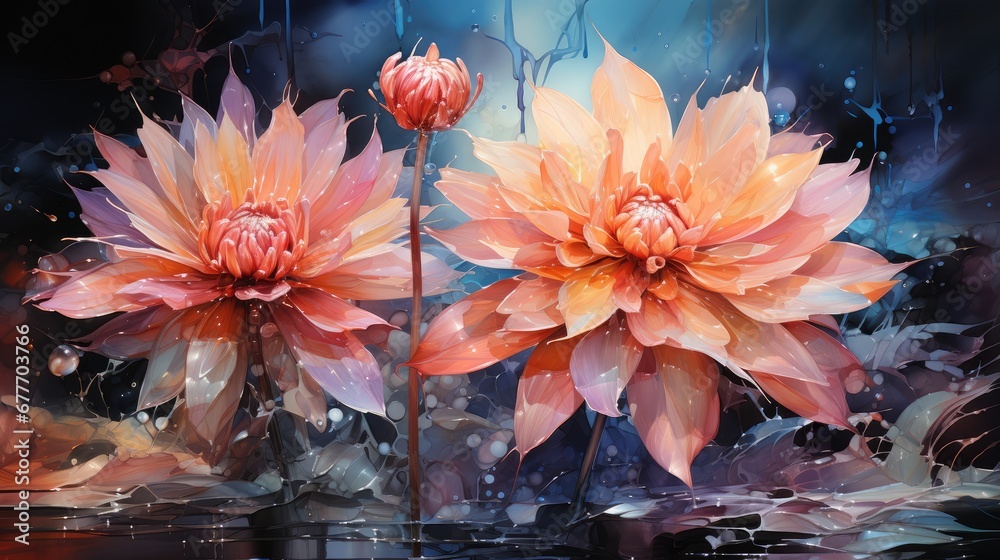 Wall mural a painting of two pink flowers on a black and blue background with drops of water on the bottom and 