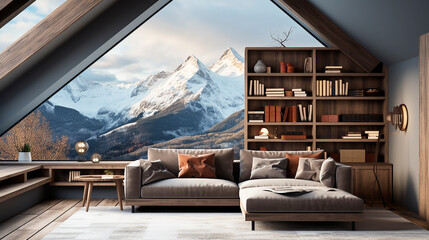 Sofa against gray wall with rustic shelves. Scandinavian home interior design of modern living room in the attic of a mountain villa in the Alps. - obrazy, fototapety, plakaty