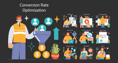 Conversion Rate Optimization set. Experts analyzing website performance. A B testing, sales funnel, lead generation. User engagement strategies. Flat vector illustration - obrazy, fototapety, plakaty