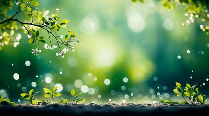 Spring or summer defocused background frame with lush foliage and bokeh in nature. Nature background. Copy space.
