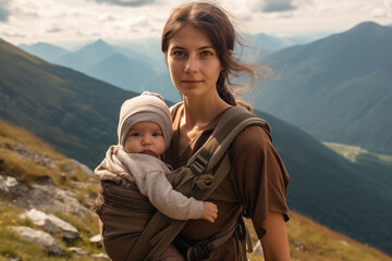 Fototapeta premium a girl with a newborn baby in a sling walks in the mountains