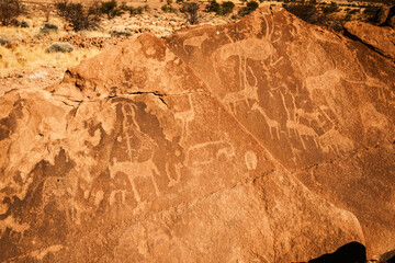 Rock art engravings at Twyfelfontein, Kunene, Namibia.  These engravings are the authentic work of San hunter-gatherers who lived in the region between 6000 and 2000 year ago.