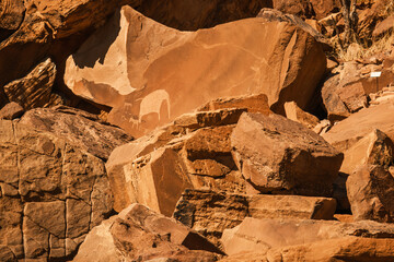 Rock art engravings at Twyfelfontein, Kunene, Namibia, portraying a giant Elefant and other wild...