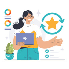 Customer feedback. Consumer reviews public exchange. Sharing assessment of a purchased goods and services in mobile app or social media blog, leaving a comment. Flat vector illustration