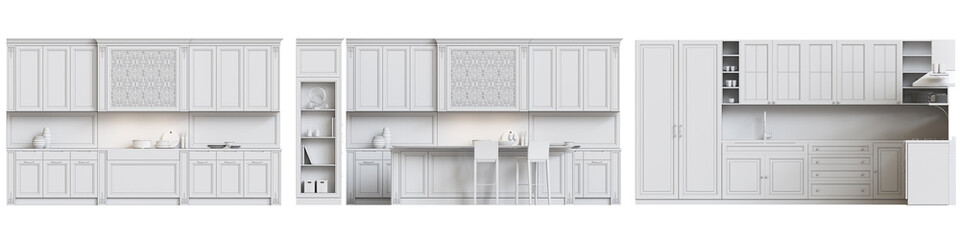 modern kitchen isolated on white background, home furniture, 3D illustration, cg render