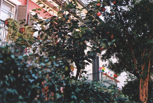 Colorful Pinwheels on the Balcony of a House in Milano City Center, Italy, Dirong a Sunny Autumn Day. Film Photography