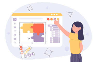 Woman work with illustrations concept. Graphic designer and freelancer at workplace. Young girl develop design elements for website. Cartoon flat vector illustration isolated on white background