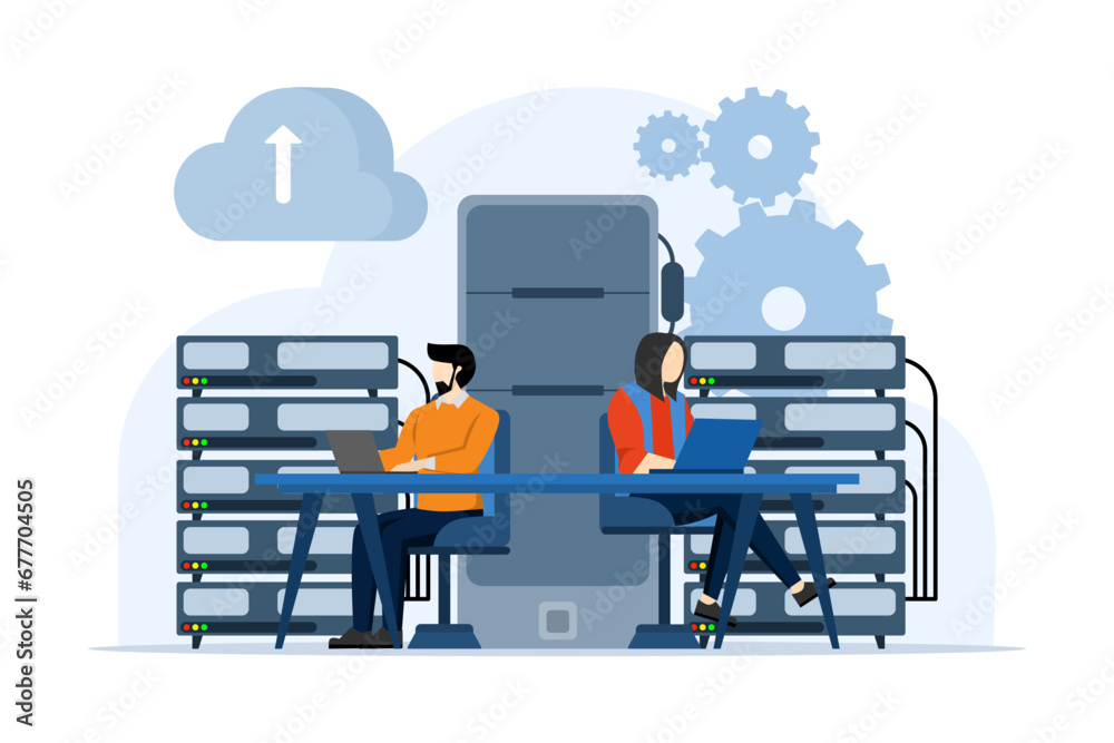 Sticker concept of cloud computing, data center, file management, cloud storage, web hosting service. Database for documents and files. Upload and download data, file management. Data transfer, backup.