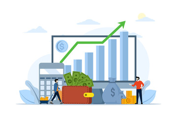 investment concept, growth, investor, financial investment, savings wallet, banking, piggy bank, Characters analyzing investment, celebrating financial success and money growth. increase in money.