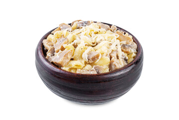 Cheese mushroom cream pasta on a white isolated background