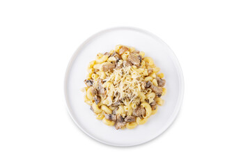 Cheese mushroom cream pasta on a white isolated background