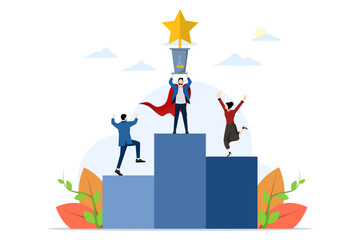 Concept of work achievement and success, awards, business teamwork, successful work achievement or team victory, winner or leadership, career success or champion celebration, profit growth.
