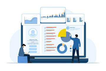 Concept of data charts, graphs and dashboards on laptop screen, SEO marketing advertising analysis, marketing analysis, market research, business analysis, financial reports and research. - obrazy, fototapety, plakaty
