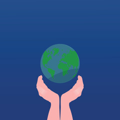 hands next to planet earth on blue background