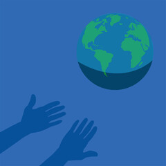 hands next to planet earth on blue background