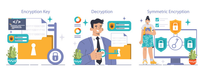 Data encryption set. Personal information, internet access or database protection. Cyber security and privacy. Flat vector illustration