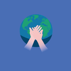 hands next to planet earth on blue background