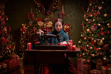 seamstress in Christmas setting