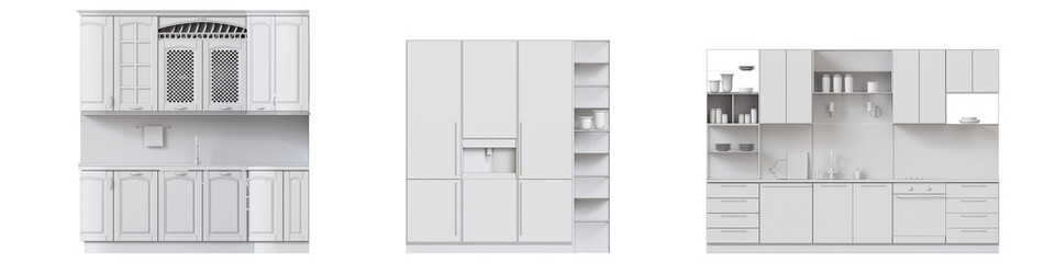 modern kitchen isolated on transparent background, home furniture, 3D illustration, cg render