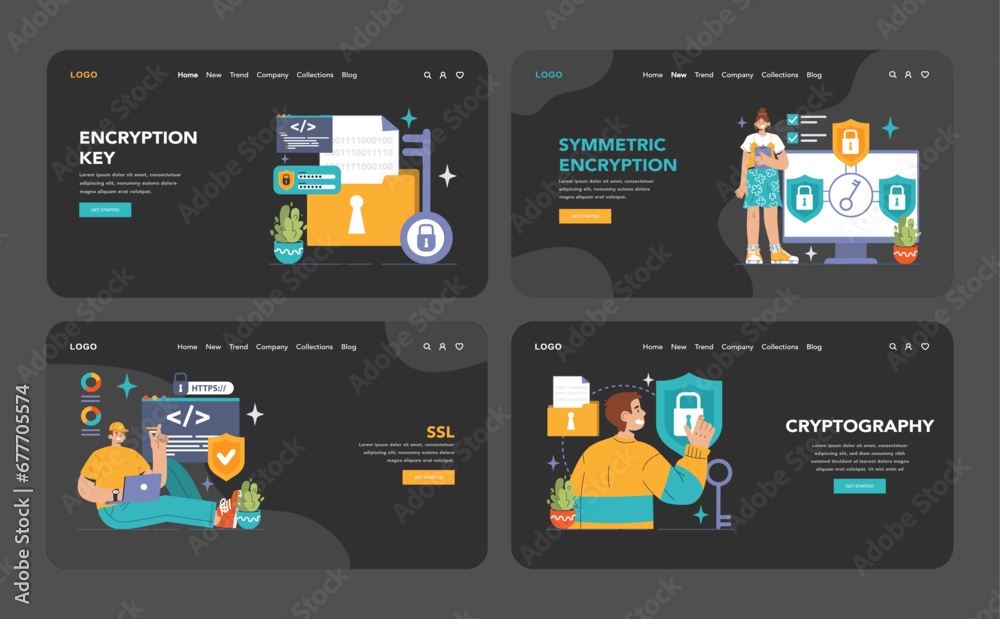 Poster data encryption web or landing set. personal information, internet access or database protection. cy