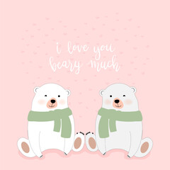 Valentines Background,Vector cute cartoon Two teddy bear sitting together on heart shape with 'I love you beary much