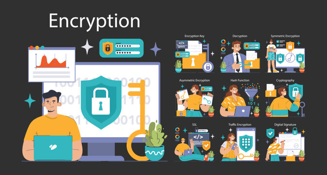 Data encryption dark or night mode set. Personal information, internet access or database protection. Cyber security and privacy. Flat vector illustration