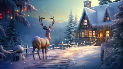  a painting of a deer standing in front of a house with a christmas tree in the foreground and a snow covered path leading up to the front of the house.  generative ai